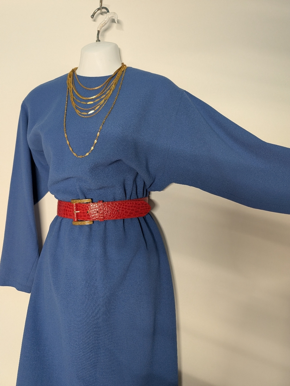 Elegant Blue Long-Sleeve Handmade Sapphire Vintage Bat Wing Pencil Dress Classic - Picture 5 of 13